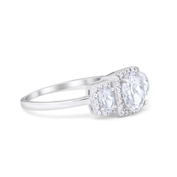 Three Stone Wedding Ring Oval Simulated Cubic Zirconia 925 Sterling Silver